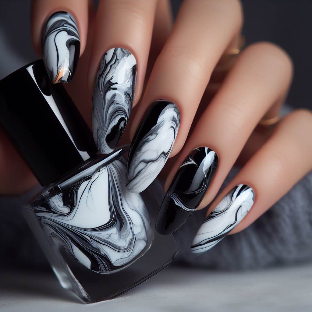 Closeup woman hand with dark gray and black nail polish on fingernails. Nail  manicure with gel polish at luxury beauty salon. French manicure. Nail art  and design. Female hand model. Generative AI.